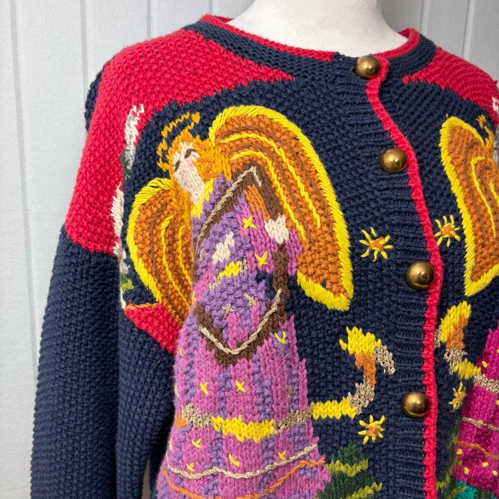 Cardigan Bay Vintage Angel Pattern Knitted by Hand Cardigan Christmas  Sweater L - Picture 4 of 12